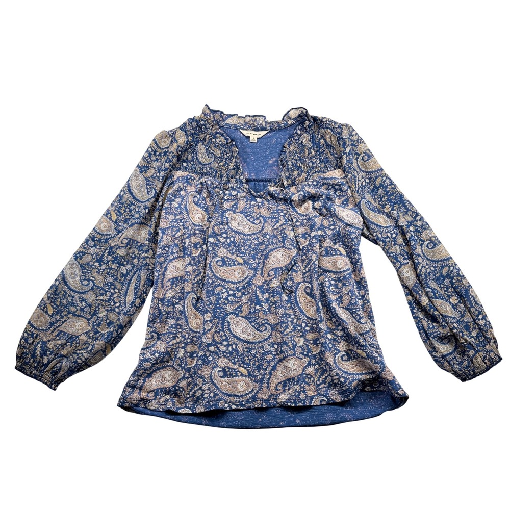 Lucky Brand Peasant Blouse Womens S Blue Paisley Smocked Ruffle Long Sleeve